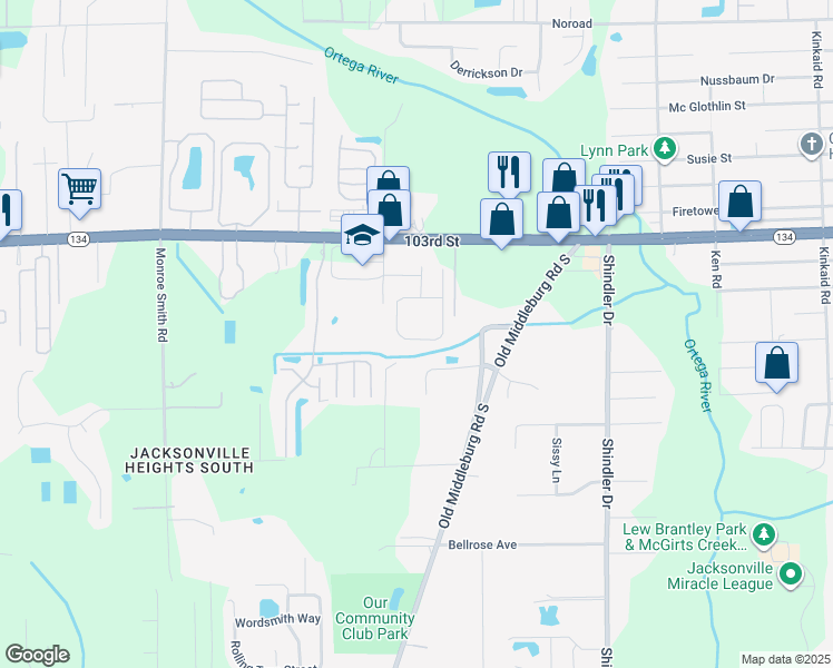 map of restaurants, bars, coffee shops, grocery stores, and more near 5594 Village Pond Circle in Jacksonville