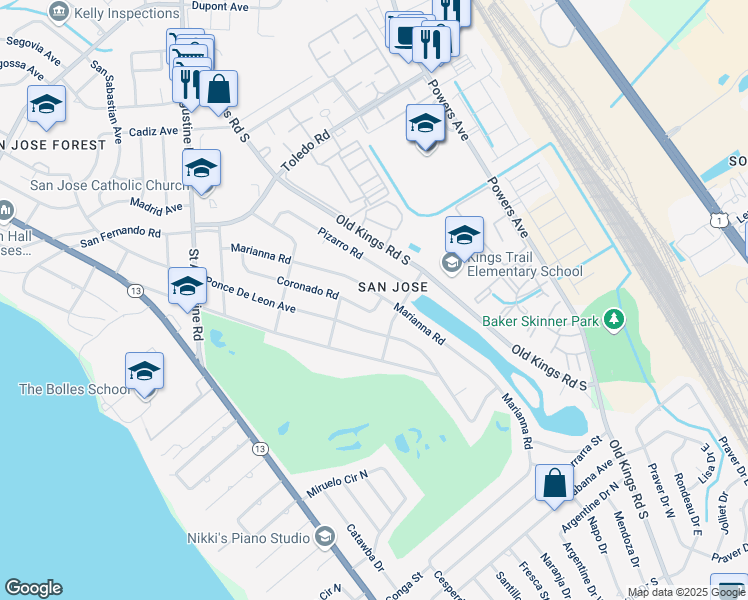 map of restaurants, bars, coffee shops, grocery stores, and more near 3850 Marianna Road in Jacksonville
