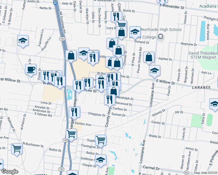 map of restaurants, bars, coffee shops, grocery stores, and more near 218 West Cedar Street in Lafayette
