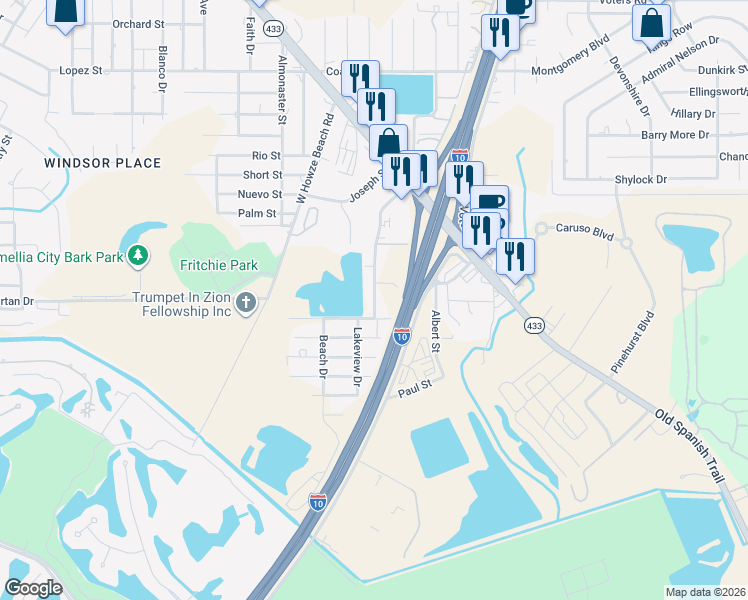 map of restaurants, bars, coffee shops, grocery stores, and more near 56339 Frank Pichon Road in Slidell