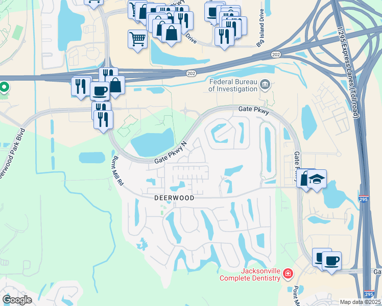 map of restaurants, bars, coffee shops, grocery stores, and more near 10880 Angel Fish Way in Jacksonville