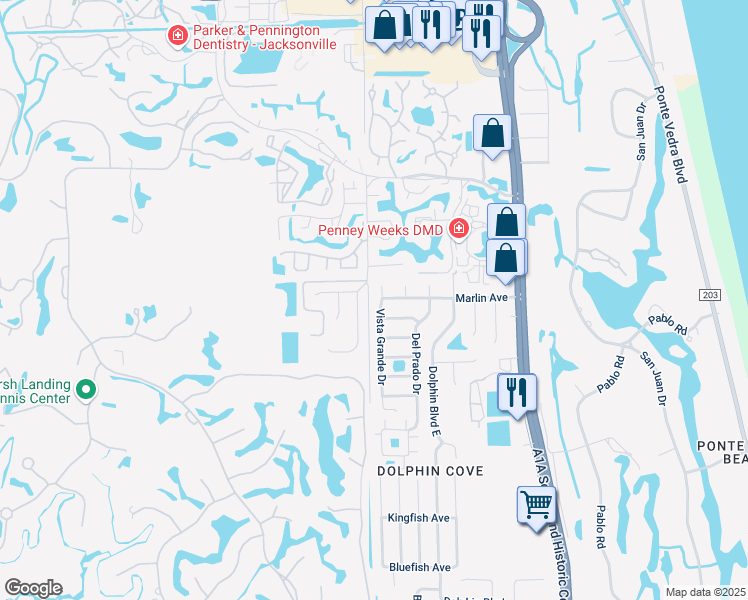 map of restaurants, bars, coffee shops, grocery stores, and more near 275 Marsh Cove Drive in Ponte Vedra Beach