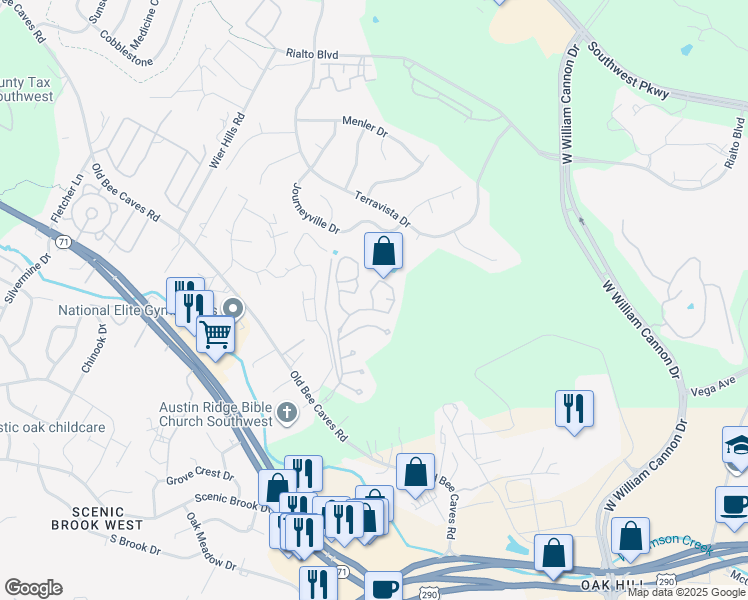 map of restaurants, bars, coffee shops, grocery stores, and more near Sunset Heights Circle in Austin
