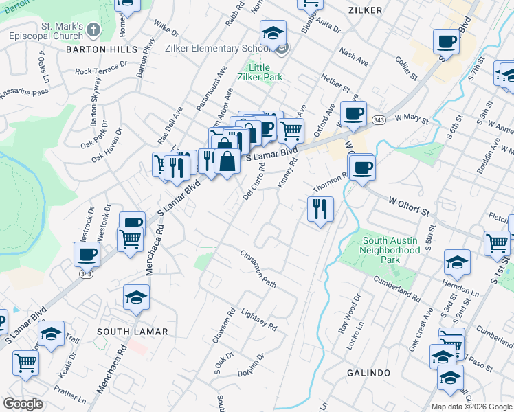 map of restaurants, bars, coffee shops, grocery stores, and more near 2502 Southland Drive in Austin