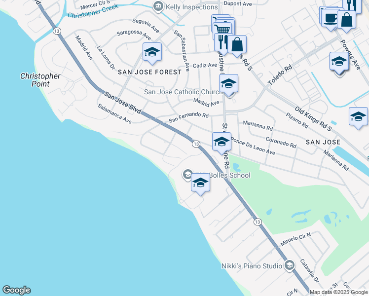 map of restaurants, bars, coffee shops, grocery stores, and more near 7331 San Carlos Road in Jacksonville