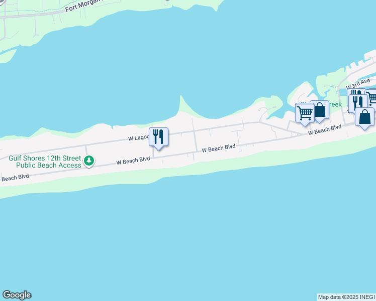 map of restaurants, bars, coffee shops, grocery stores, and more near 1100 West Beach Boulevard in Gulf Shores