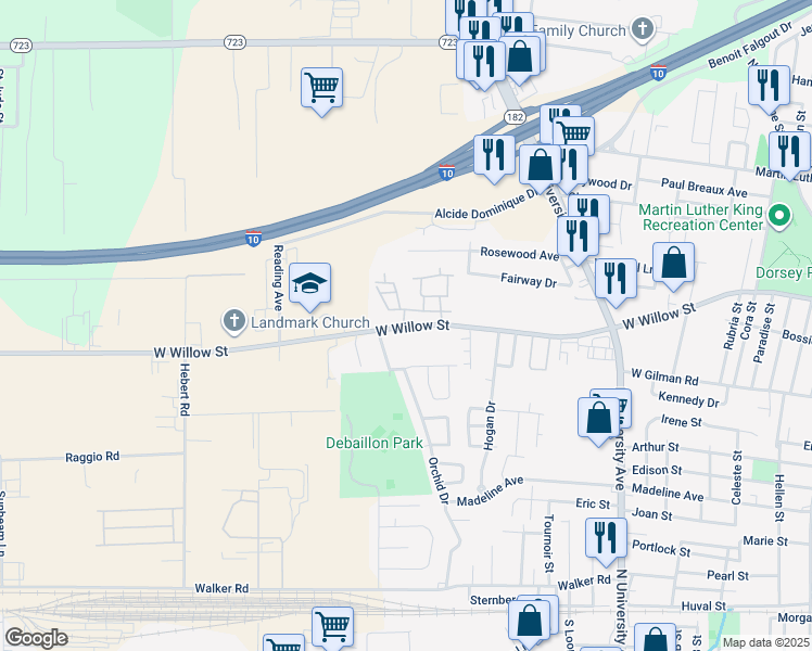 map of restaurants, bars, coffee shops, grocery stores, and more near 1416 West Willow Street in Lafayette
