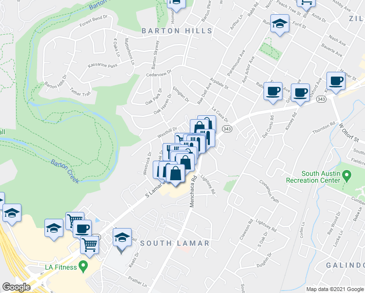map of restaurants, bars, coffee shops, grocery stores, and more near Barton Skyway & Skyway Circle in Austin