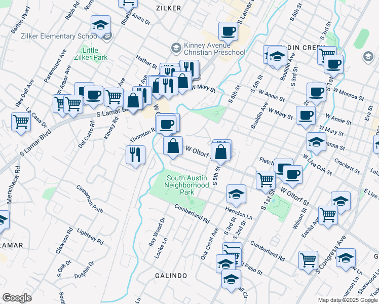 map of restaurants, bars, coffee shops, grocery stores, and more near 1201 West Oltorf Street in Austin