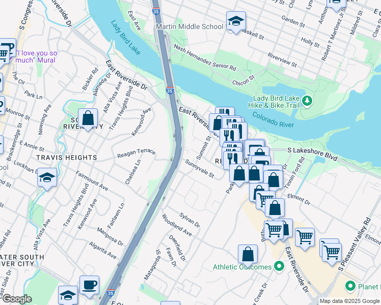 map of restaurants, bars, coffee shops, grocery stores, and more near 1503 Lupine Ln in Austin