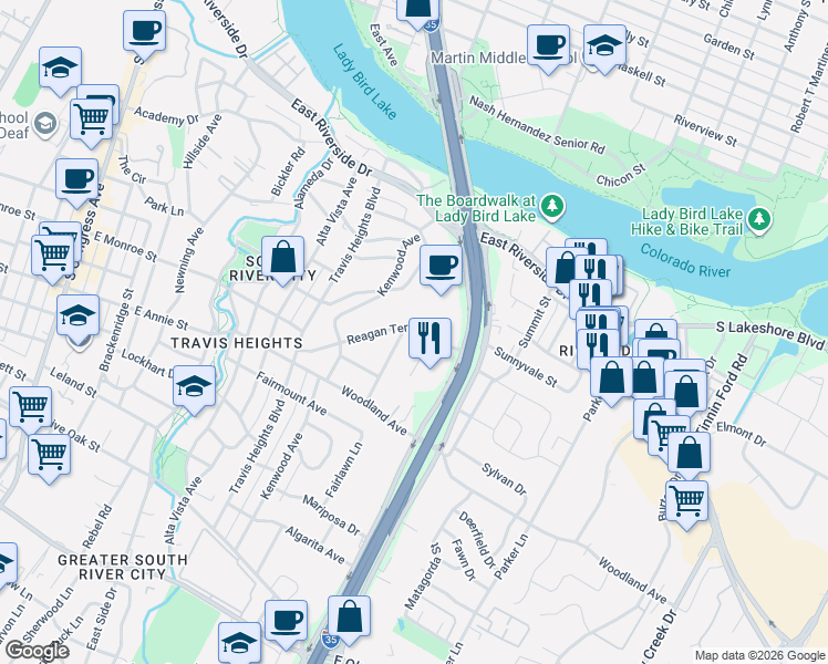 map of restaurants, bars, coffee shops, grocery stores, and more near 1201 Reagan Terrace in Austin