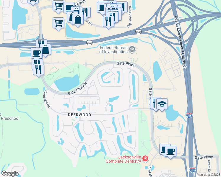 map of restaurants, bars, coffee shops, grocery stores, and more near 11143 Castlemain Circle East in Jacksonville