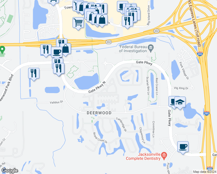 map of restaurants, bars, coffee shops, grocery stores, and more near 10879 Coral Shores Drive in Jacksonville