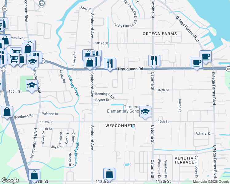 map of restaurants, bars, coffee shops, grocery stores, and more near 5575 Cabot Drive North in Jacksonville