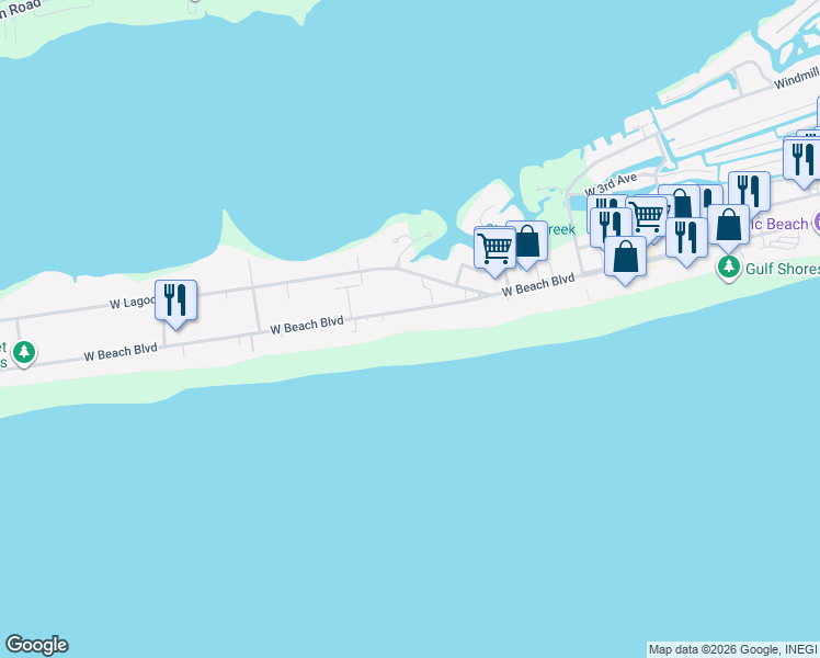 map of restaurants, bars, coffee shops, grocery stores, and more near 949 West Beach Boulevard in Gulf Shores