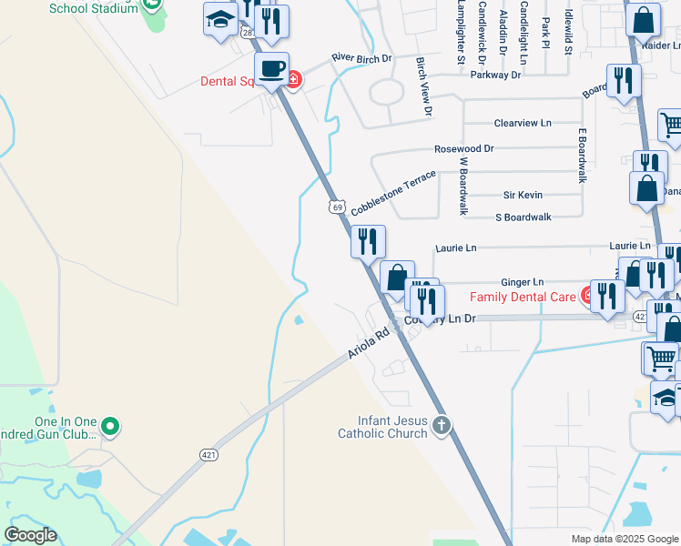 map of restaurants, bars, coffee shops, grocery stores, and more near 187 South Lhs Drive in Lumberton