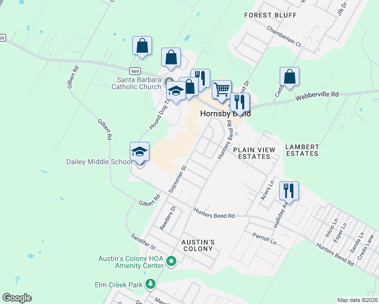 map of restaurants, bars, coffee shops, grocery stores, and more near 4508 Sojourner Street in Austin