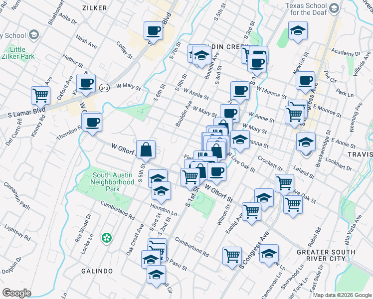 map of restaurants, bars, coffee shops, grocery stores, and more near 2217 South 3rd Street in Austin