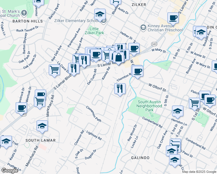 map of restaurants, bars, coffee shops, grocery stores, and more near 1606b Ravey Street in Austin