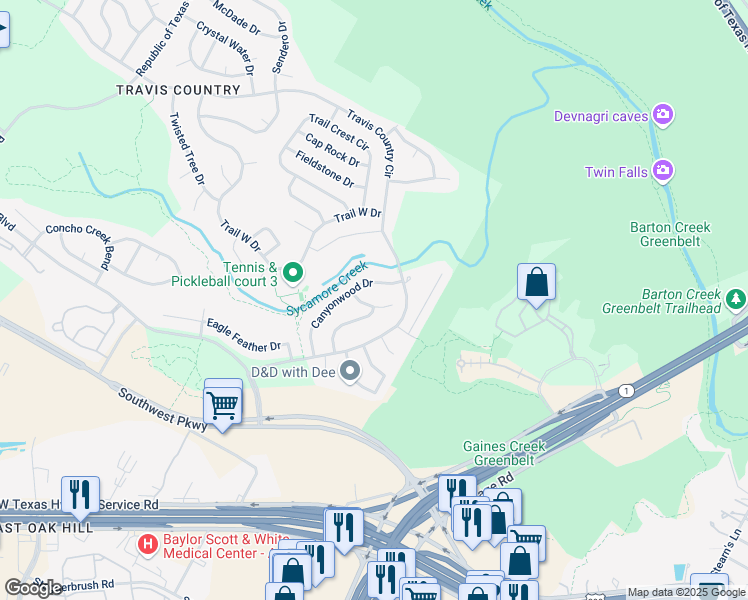 map of restaurants, bars, coffee shops, grocery stores, and more near 4700 Fawnwood Cove in Austin
