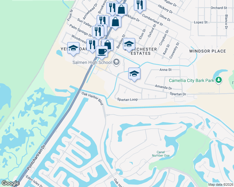 map of restaurants, bars, coffee shops, grocery stores, and more near 208 Spartan Loop in Slidell