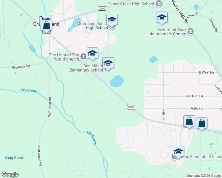 map of restaurants, bars, coffee shops, grocery stores, and more near 16492 Farm to Market Road 3083 in Conroe