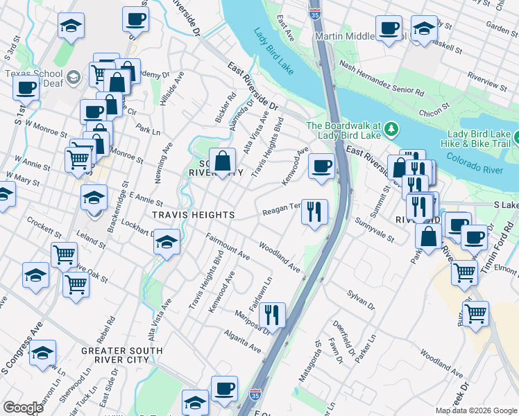 map of restaurants, bars, coffee shops, grocery stores, and more near 1304 Woodland Avenue in Austin