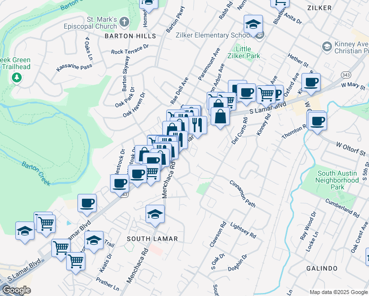 map of restaurants, bars, coffee shops, grocery stores, and more near 2701 Texas 343 Loop in Austin