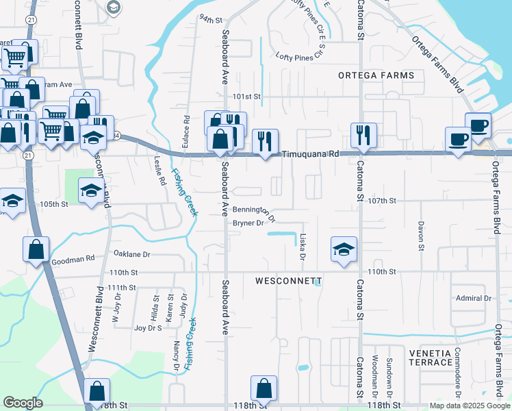 map of restaurants, bars, coffee shops, grocery stores, and more near 5627 Bennington Drive in Jacksonville