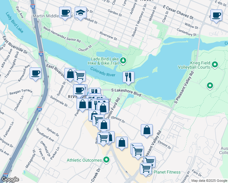 map of restaurants, bars, coffee shops, grocery stores, and more near 1115 Town Creek Drive in Austin