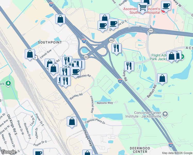 map of restaurants, bars, coffee shops, grocery stores, and more near 8188 Cabin Lake Circle in Jacksonville