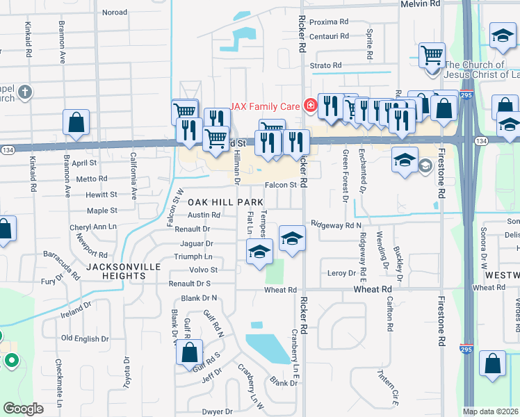 map of restaurants, bars, coffee shops, grocery stores, and more near 5706 Tempest Street in Jacksonville