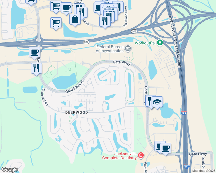 map of restaurants, bars, coffee shops, grocery stores, and more near 11109 Castlemain Circle East in Jacksonville