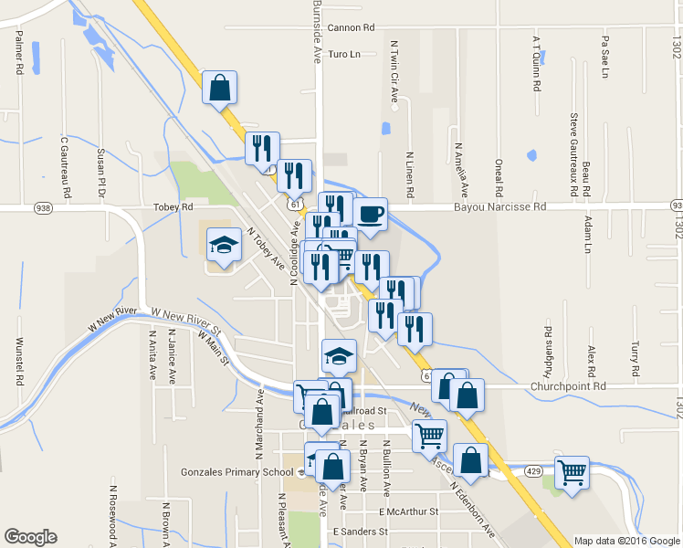 map of restaurants, bars, coffee shops, grocery stores, and more near 1503 North Airline Highway in Gonzales