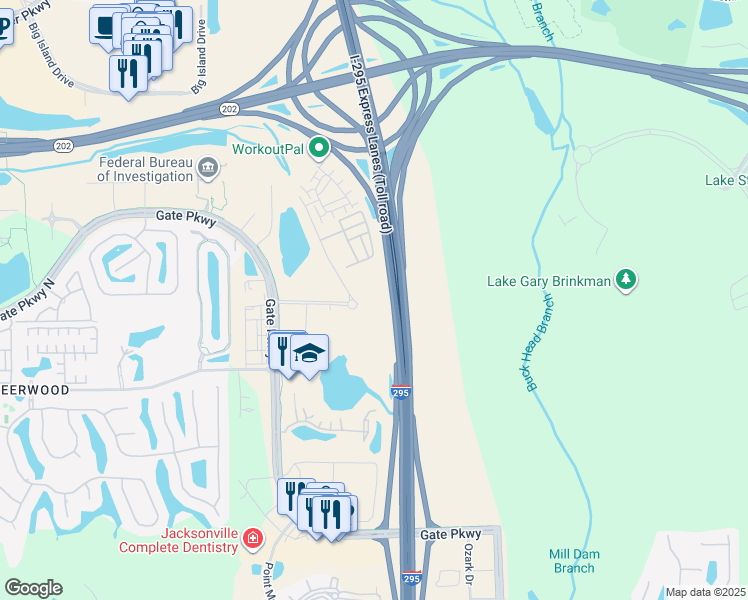 map of restaurants, bars, coffee shops, grocery stores, and more near Highway 9A in Jacksonville