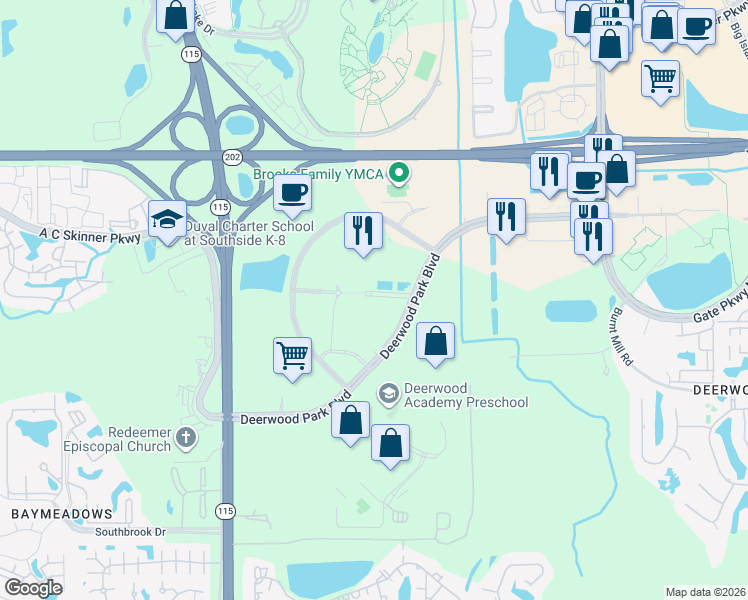 map of restaurants, bars, coffee shops, grocery stores, and more near 10301 Deerwood Park Boulevard in Jacksonville