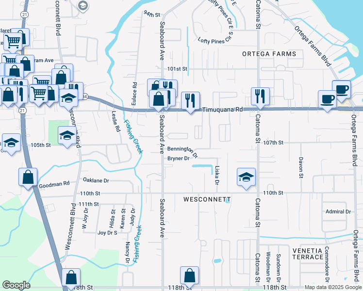 map of restaurants, bars, coffee shops, grocery stores, and more near 5635 Bennington Drive in Jacksonville