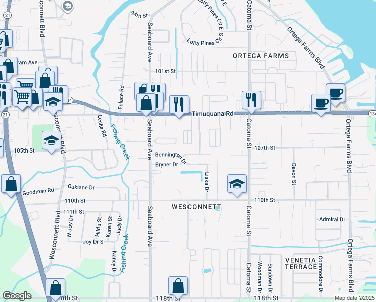 map of restaurants, bars, coffee shops, grocery stores, and more near 5575 Cabot Drive North in Jacksonville