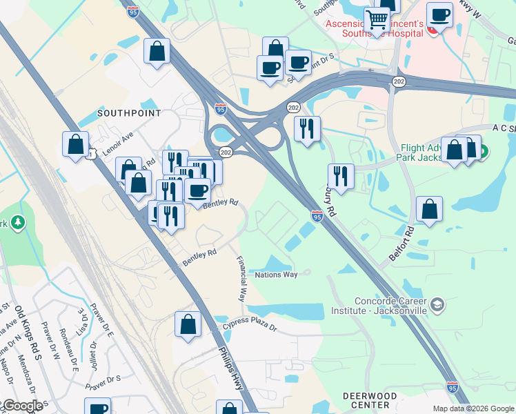 map of restaurants, bars, coffee shops, grocery stores, and more near 8188 Cabin Lake Circle in Jacksonville