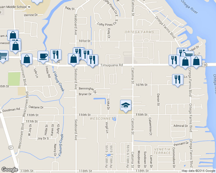map of restaurants, bars, coffee shops, grocery stores, and more near 5529 Cabot Drive North in Jacksonville