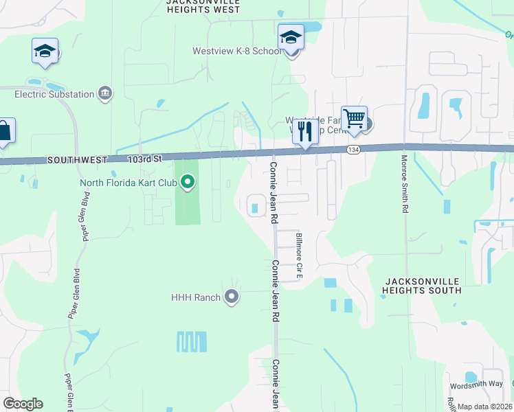map of restaurants, bars, coffee shops, grocery stores, and more near 5570 Connie Jean Road in Jacksonville