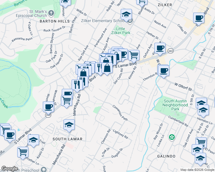 map of restaurants, bars, coffee shops, grocery stores, and more near 2604 Del Curto Road in Austin