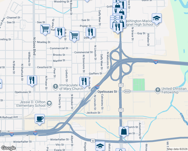 map of restaurants, bars, coffee shops, grocery stores, and more near 2360 Gieffers Street in Lake Charles
