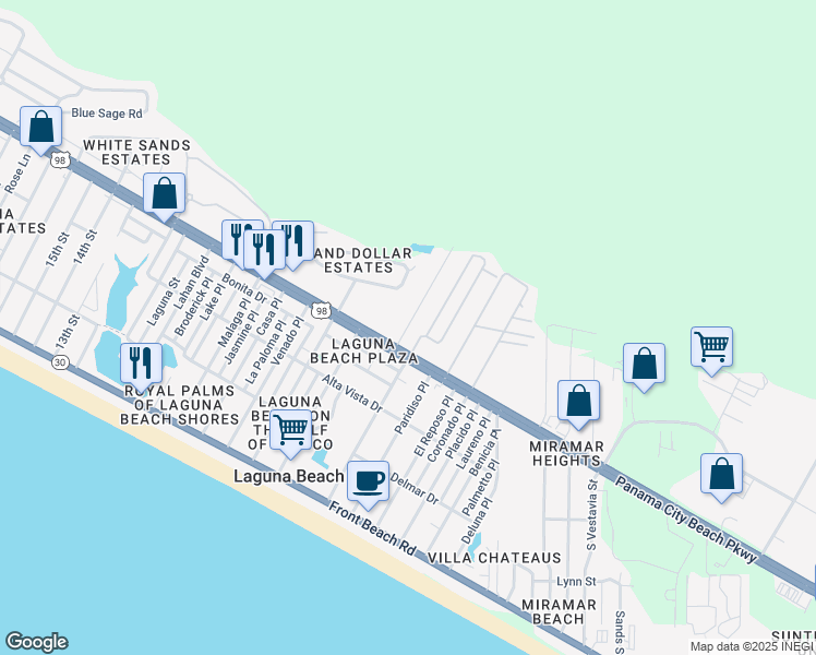 map of restaurants, bars, coffee shops, grocery stores, and more near 538 North Lakeshore Drive in Panama City Beach