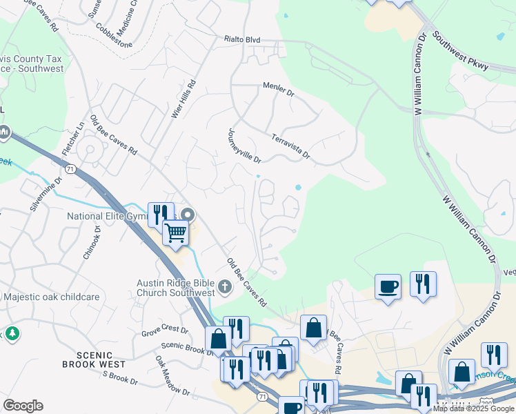 map of restaurants, bars, coffee shops, grocery stores, and more near 7419 Evening Sky Circle in Austin