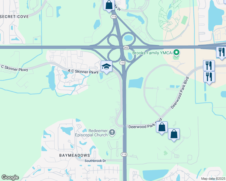 map of restaurants, bars, coffee shops, grocery stores, and more near 8700 A C Skinner Parkway in Jacksonville