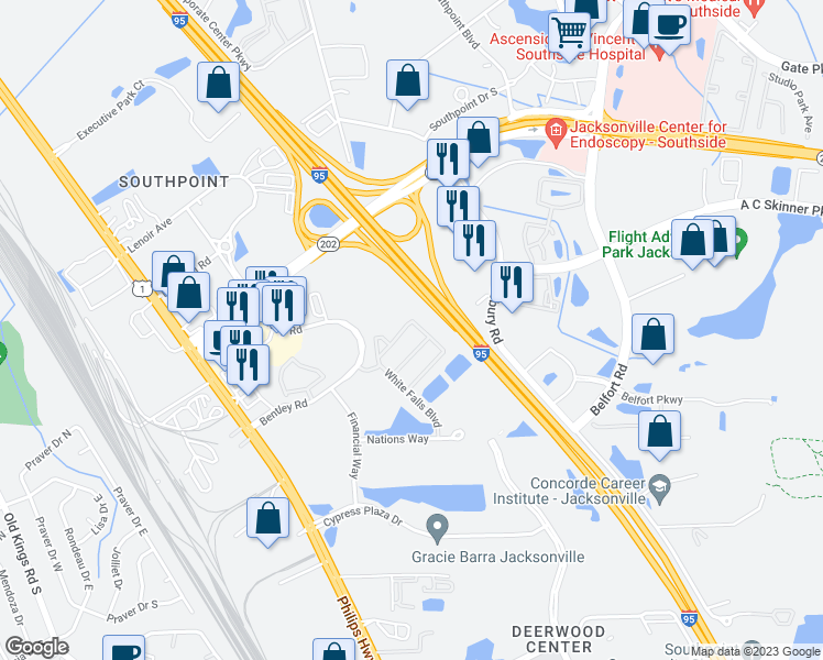 map of restaurants, bars, coffee shops, grocery stores, and more near 7044 Deer Lodge Circle in Jacksonville