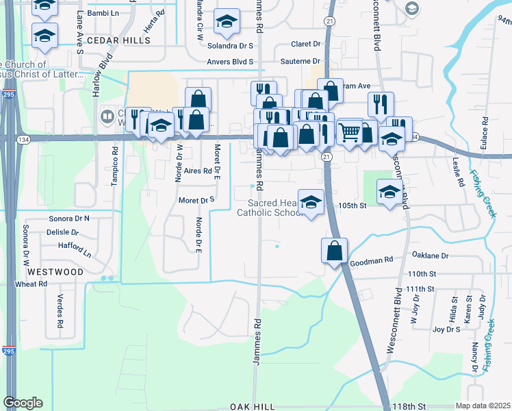 map of restaurants, bars, coffee shops, grocery stores, and more near 6370 105th Street in Jacksonville