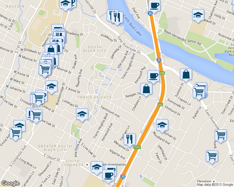 map of restaurants, bars, coffee shops, grocery stores, and more near in Austin