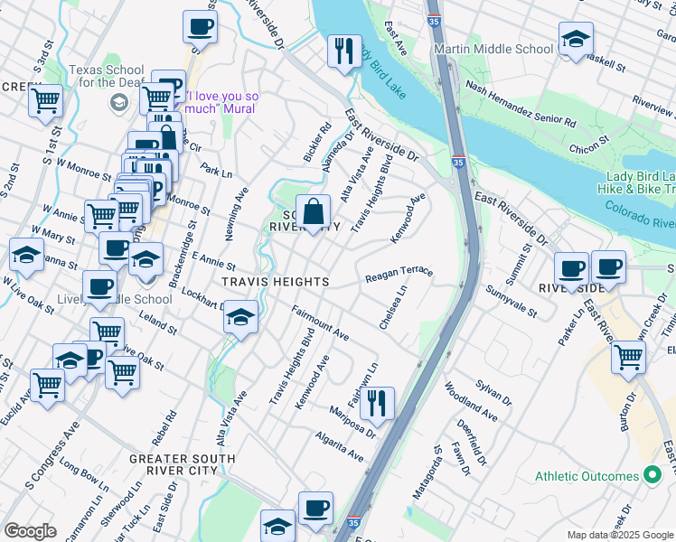 map of restaurants, bars, coffee shops, grocery stores, and more near in Austin